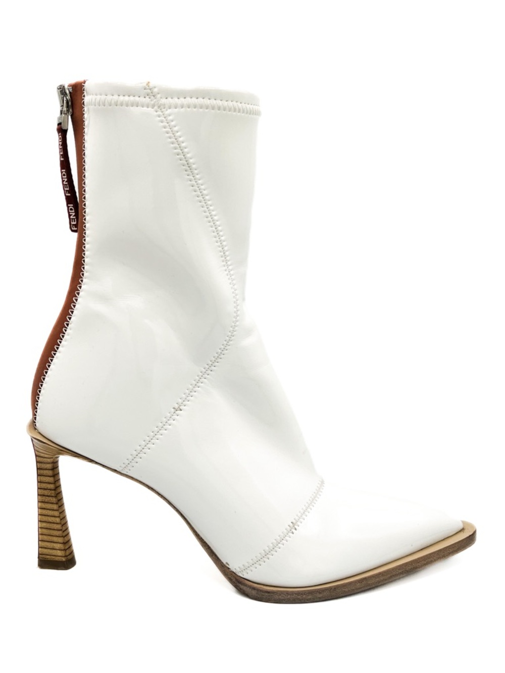 Fendi FFrame Glossy Neoprene Pointed Toe White Stiletto Heel Ankle Boots